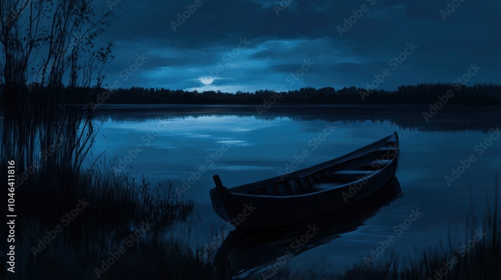 Obraz premium A fishing boat on a lake at nightfall, the water reflecting the last hues of the sunset.