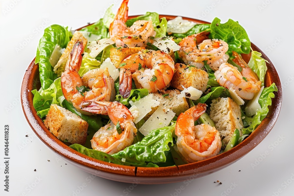 Caesar shrimp salad on white plate Caesar shrimp salad on white plate