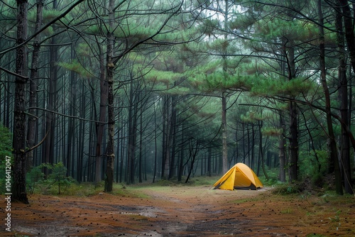 Camping in the pine forest with a tent photo