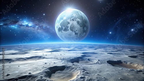 A serene lunar landscape with a cratered surface and a bright full moon hanging in the sky at midnight, stars, orbit, lunar landscape, galaxy photo