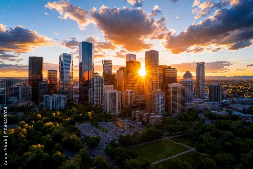 Fototapeta premium A panoramic view of a city skyline at sunset, with skyscrapers glowing in the warm light, and the sky turning shades of orange and pink, capturing the beauty and majesty of urban architecture,