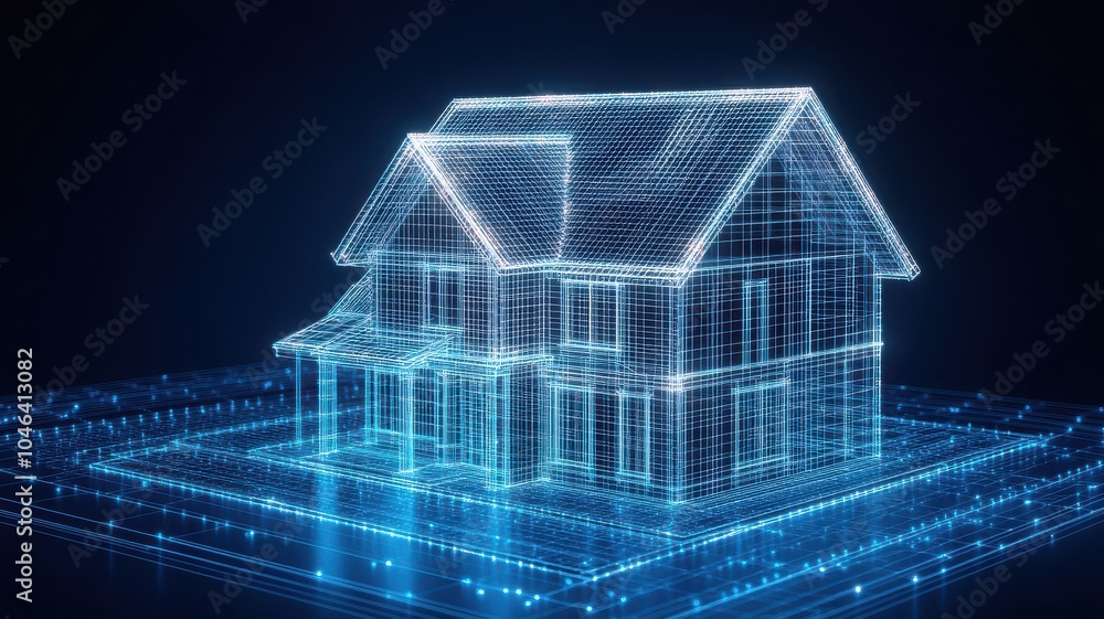 A 3D digital representation of a house made of glowing blue lines and dots against a dark background, symbolizing technology and innovation in architecture. A 3D digital representation of a house made of glowing blue lines and dots against a dark background, symbolizing technology and innovation in architecture.