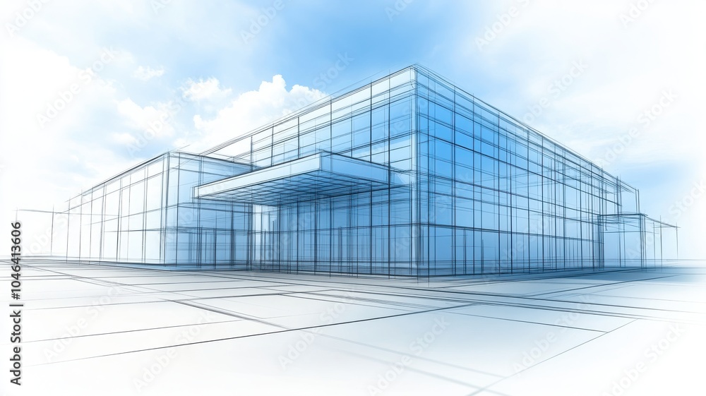 A modern architectural sketch showcasing a building design with a translucent effect, highlighting geometric lines and surrounding space.