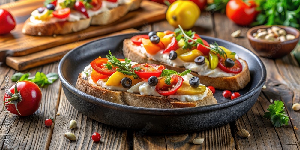 Delicious Bruschetta with Fish, Bell Pepper, Cream Cheese, and Olives on Ciabatta Bread - Healthy Sandwich for Wine Pairing, Close-Up Rustic Food Photography Delicious Bruschetta with Fish, Bell Pepper, Cream Cheese, and Olives on Ciabatta Bread - Healthy Sandwich for Wine Pairing, Close-Up Rustic Food Photography