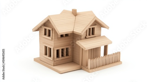 A miniature wooden house model with detailed features, including windows, doors, and a small front porch, on a plain background.