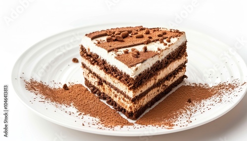 Chocolate cake with tiramisu cream and cocoa powder on a plate isolated on a white background