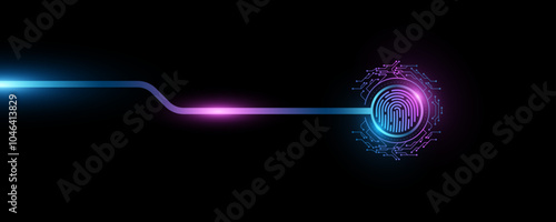 Fingerprint scan with digital HUD circle. Glowing computer circuit board. Biometric data security. Futuristic touch screen button for UI and GUI design. Vector illustration. EPS 10.