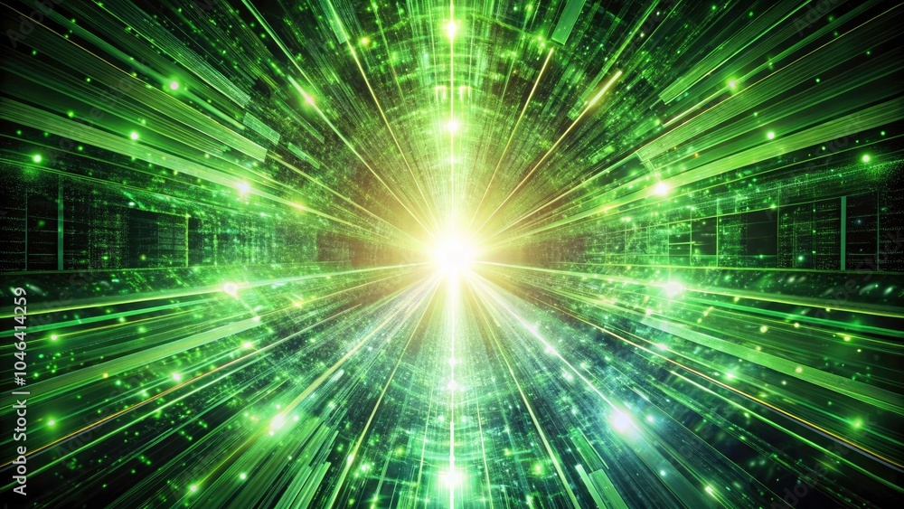 Naklejka premium Digital Binary Metaverse Expansion: A Dynamic Burst of Green Data Lines Forming a Tunnel Effect in Motion
