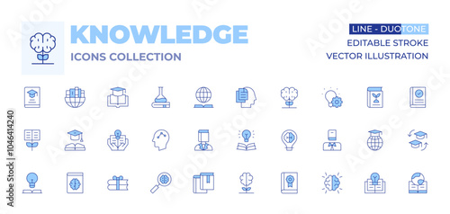 Knowledge icons collection. Line Duotone style, editable stroke. intellect, bookworm, book, graduation, knowledge, science, innovation, growth, strategy, idea, global, legal