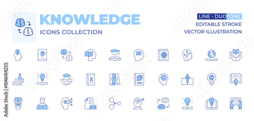 Knowledge icons collection. Line Duotone style, editable stroke. knowledge, knowledge transfer, book, creative, ict, beers, idea, learning, read, geography, education