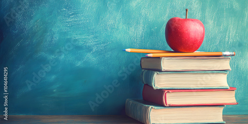 Colorful Books and Flowers on Blue Shelf