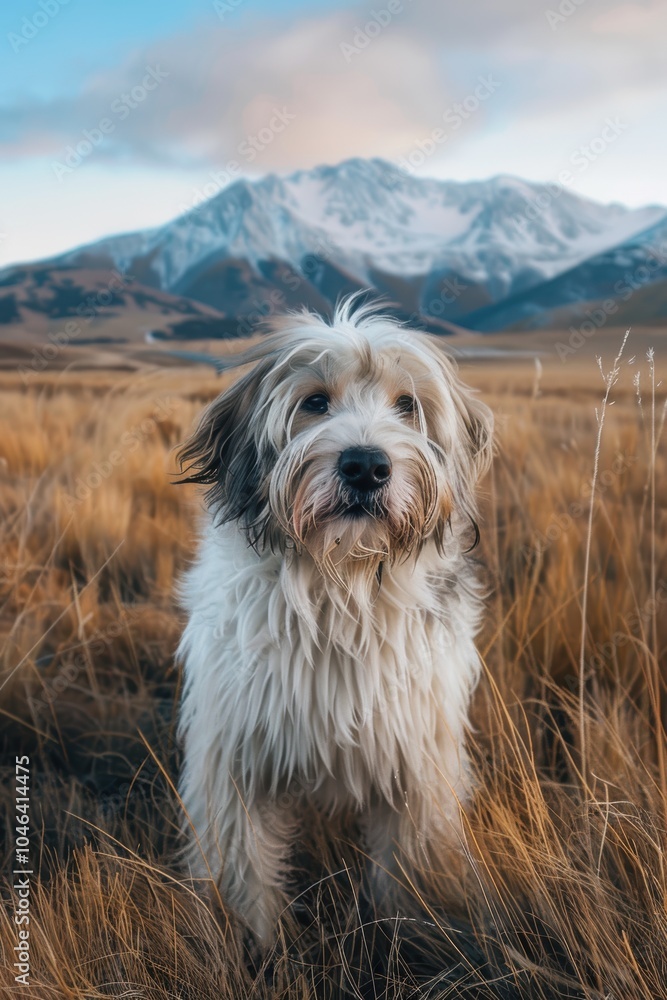 Confident Polish Lowland Sheepdog in Scenic Mountain Field Landscape Confident Polish Lowland Sheepdog in Scenic Mountain Field Landscape