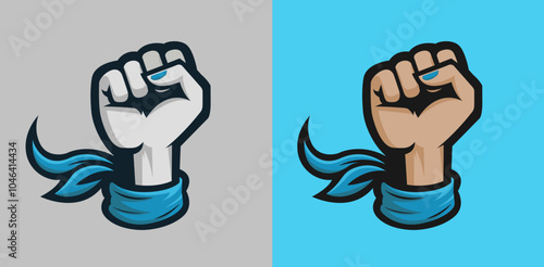 Female Raised Fist with Light Blue Kerchief Scarf Cloth, vector illustration