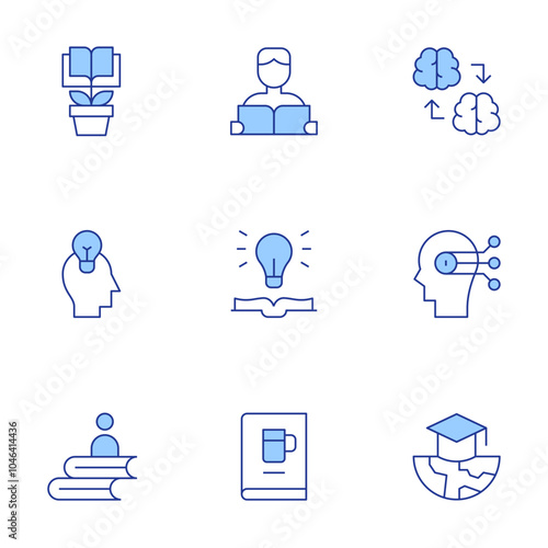 Knowledge icons set. Line Duotone style, editable stroke. knowledge transfer, creative, beers, idea, knowledge, learning, customer, educative book