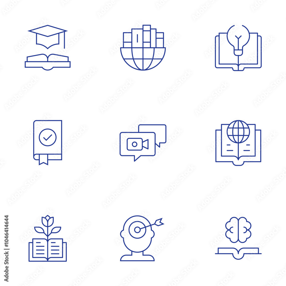 Knowledge icons set. Thin Line style, editable stroke. learning, webinar, geography, learn, knowledge, global, goal, education, educative book Knowledge icons set. Thin Line style, editable stroke. learning, webinar, geography, learn, knowledge, global, goal, education, educative book