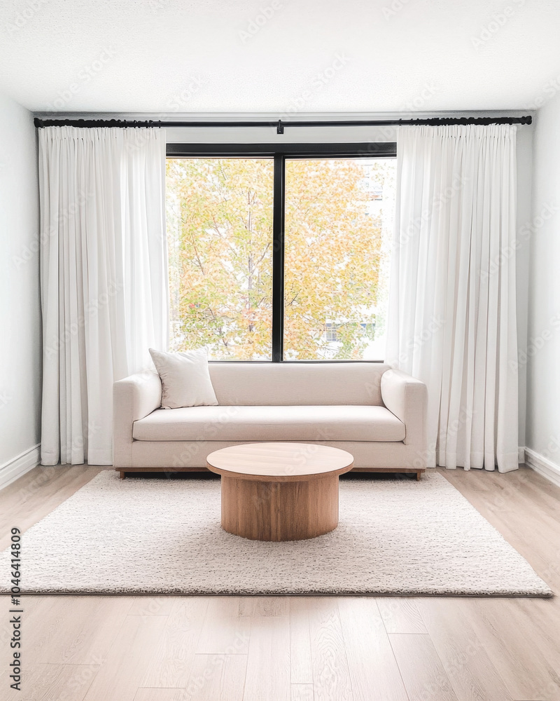 Cozy living room with large window and elegant decor in contemporary style Cozy living room with large window and elegant decor in contemporary style