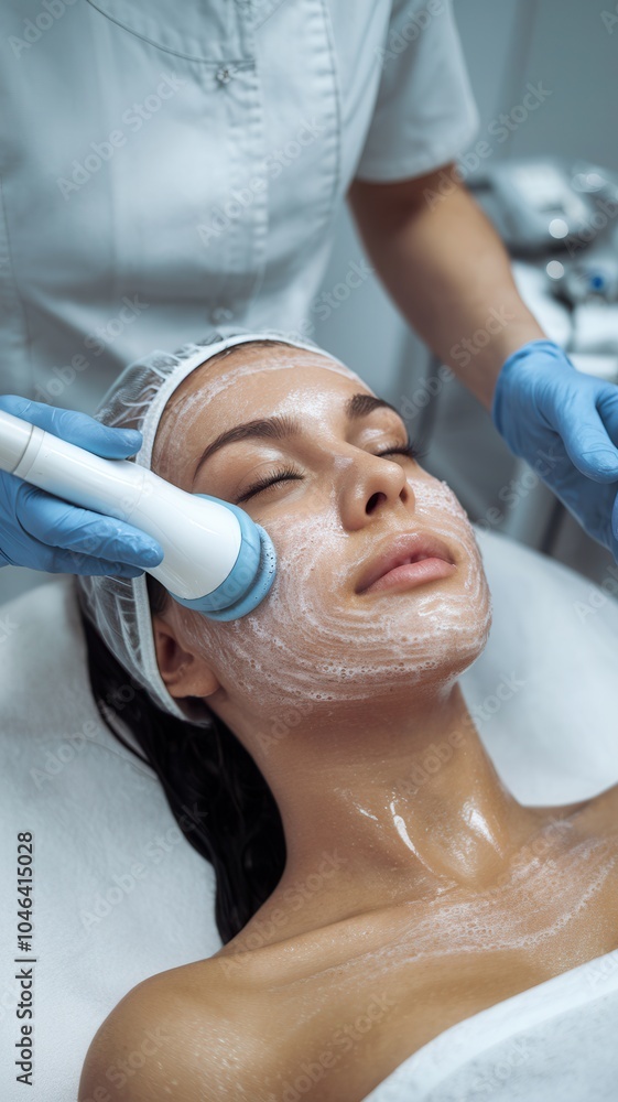Woman is getting her face washed with a white cream Woman is getting her face washed with a white cream