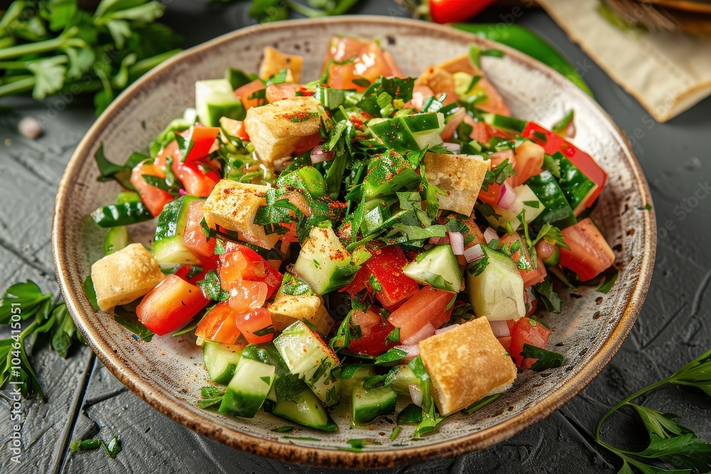 Classic Middle Eastern fattoush salad on a table top view Classic Middle Eastern fattoush salad on a table top view