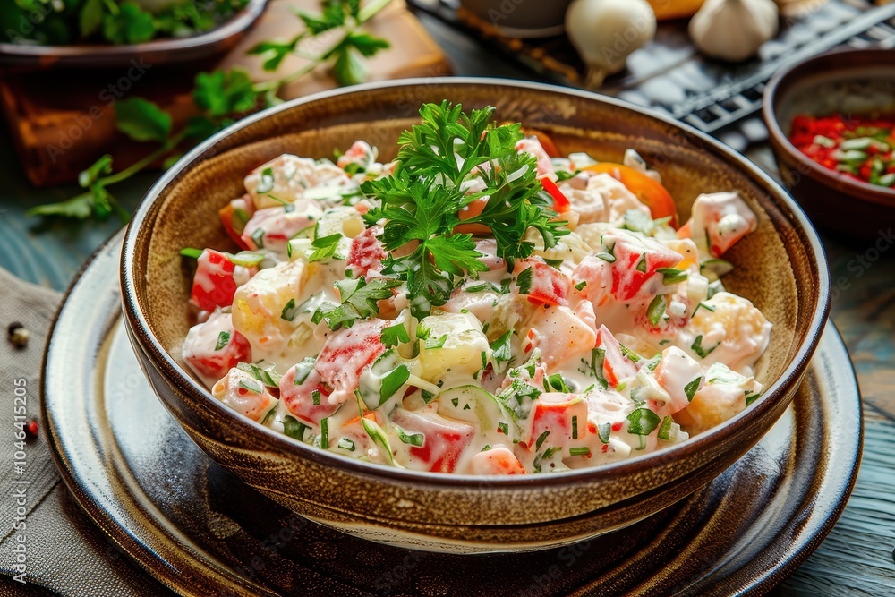 Classic Russian salad with veggies and mayo dressing Classic Russian salad with veggies and mayo dressing