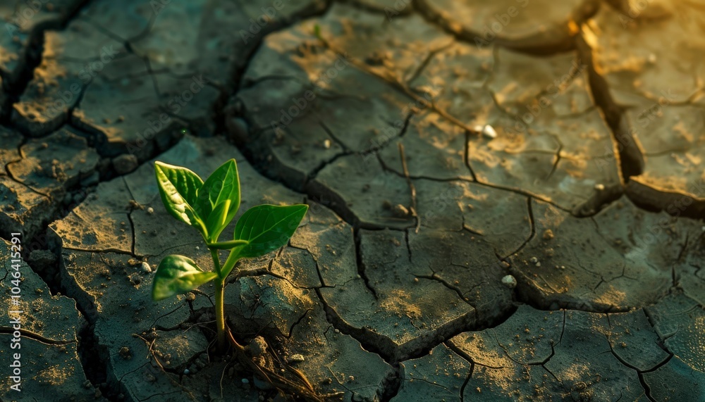 A resilient plant emerges from cracked, dry soil, symbolizing hope and renewal in harsh conditions. A resilient plant emerges from cracked, dry soil, symbolizing hope and renewal in harsh conditions.