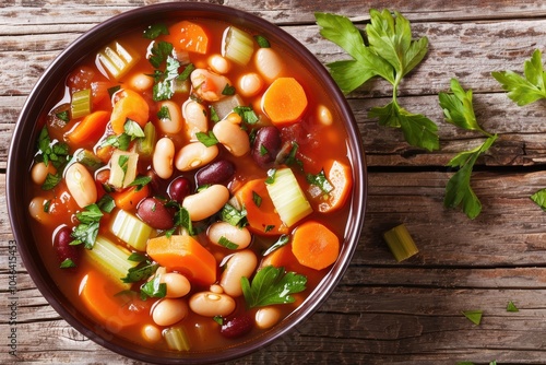 Close up horizontal view of homemade bean soup with carrots and celery photo