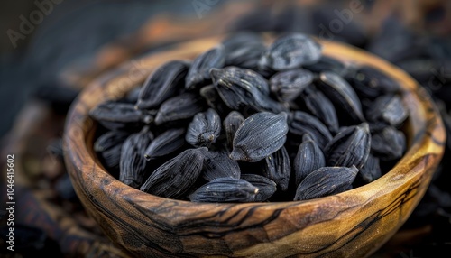 Close up macro photo of tonquin beans black and wrinkled seeds of the Dipteryx odorata tree in a wooden bowl photo