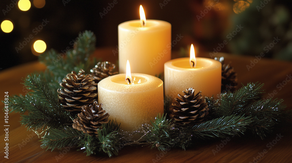 Photo of a festive table setting with pinecones, fir branches, and Christmas candles for a cozy holiday dinner Photo of a festive table setting with pinecones, fir branches, and Christmas candles for a cozy holiday dinner