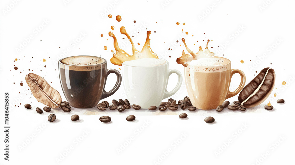 Obraz premium Three coffee cups in varying shades, with splashes and coffee beans, create a dynamic visual celebrating the diversity of coffee.