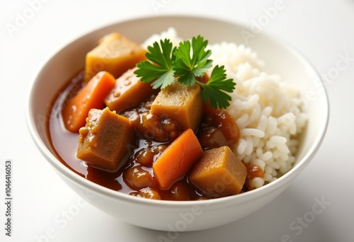 Deliciously Appetizing Japanese Curry Rice: A Close-Up Shot of Steamed Rice and Rich Curry Sauce with Tender Meat and Fresh Vegetables, Perfect for Food Photography Lovers 