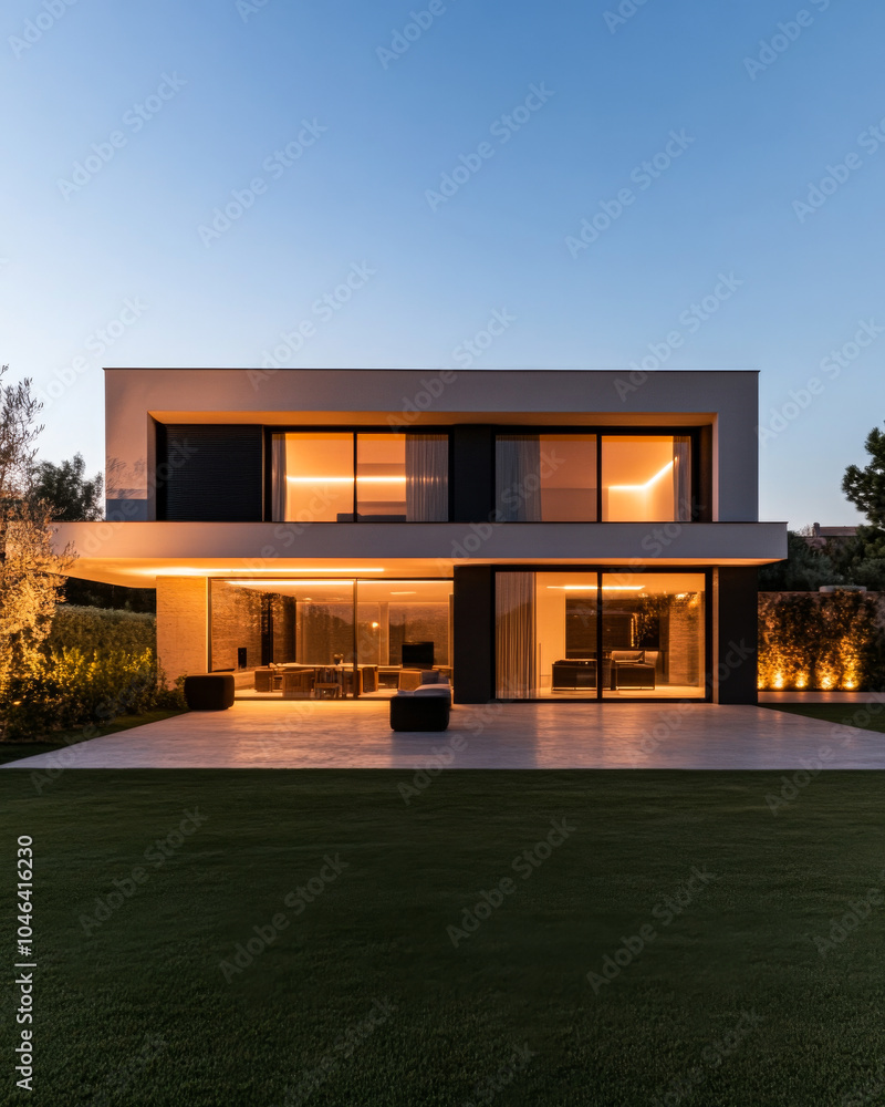 Modern two-story house illuminated at dusk with expansive patio and lush lawn in a serene setting Modern two-story house illuminated at dusk with expansive patio and lush lawn in a serene setting