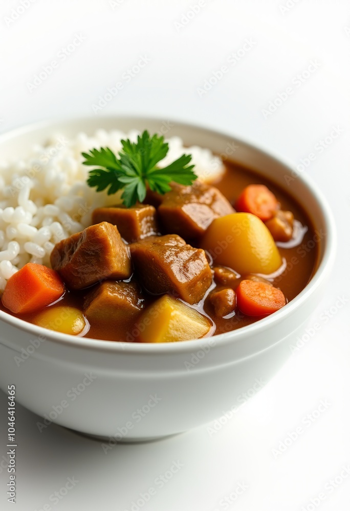 Savor the Flavors of Home: Japanese Curry Rice in a White Ceramic Bowl with Steamed Rice, Rich Curry Sauce, Tender Meat Chunks, and Fresh Parsley Garnish for an Appetizing Meal Savor the Flavors of Home: Japanese Curry Rice in a White Ceramic Bowl with Steamed Rice, Rich Curry Sauce, Tender Meat Chunks, and Fresh Parsley Garnish for an Appetizing Meal