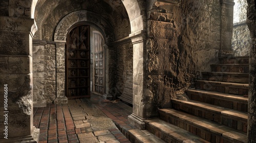 Deserted medieval castle corridor in northern italy with distinct doors to the countess s chamber