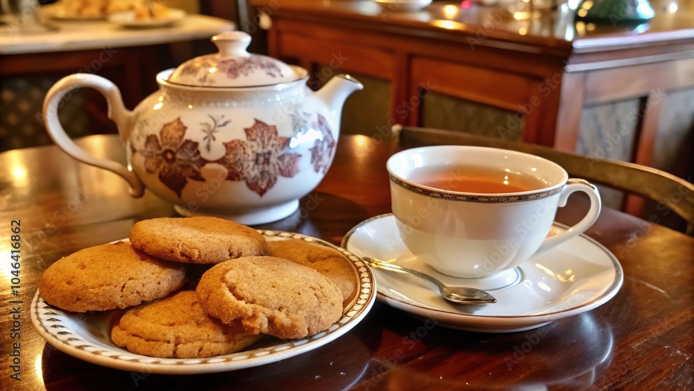Enjoying homemade ginger cookies with a cup of elegant tea on a cozy afternoon Enjoying homemade ginger cookies with a cup of elegant tea on a cozy afternoon