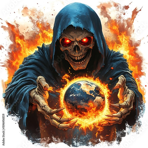 The grim reaper's wrath a dark fantasy featuring a skeleton mage harnessing global destruction in flames