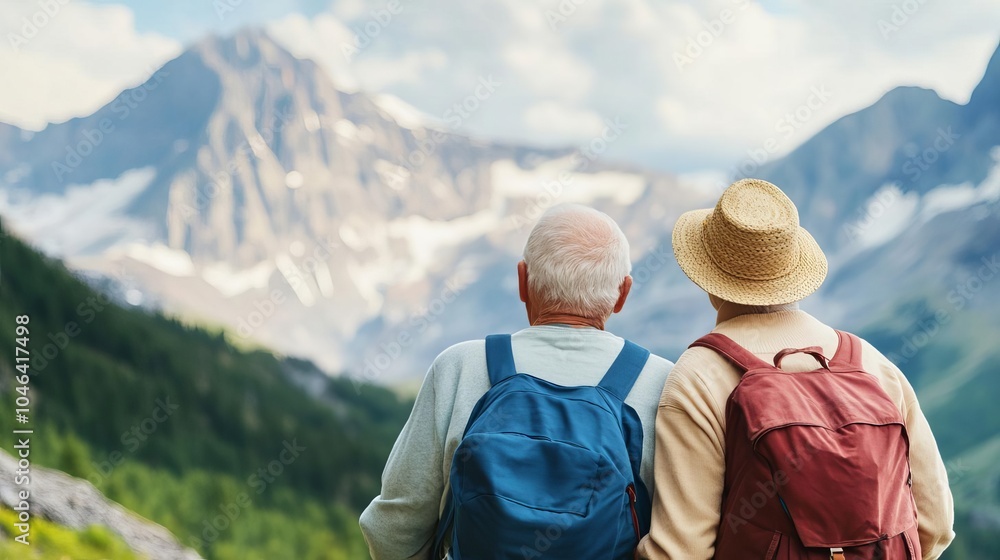 Elderly couple attending a scenic hike, enjoying fresh mountain air Elderly couple attending a scenic hike, enjoying fresh mountain air