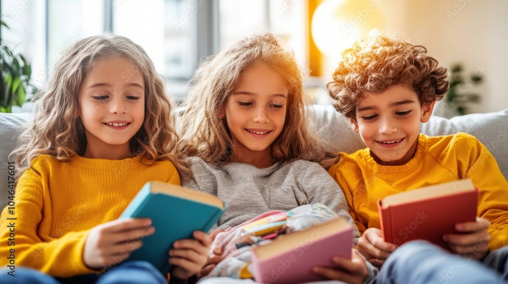 Happy Children Reading Books Together on a Couch in a Sunny Living Room Happy Children Reading Books Together on a Couch in a Sunny Living Room