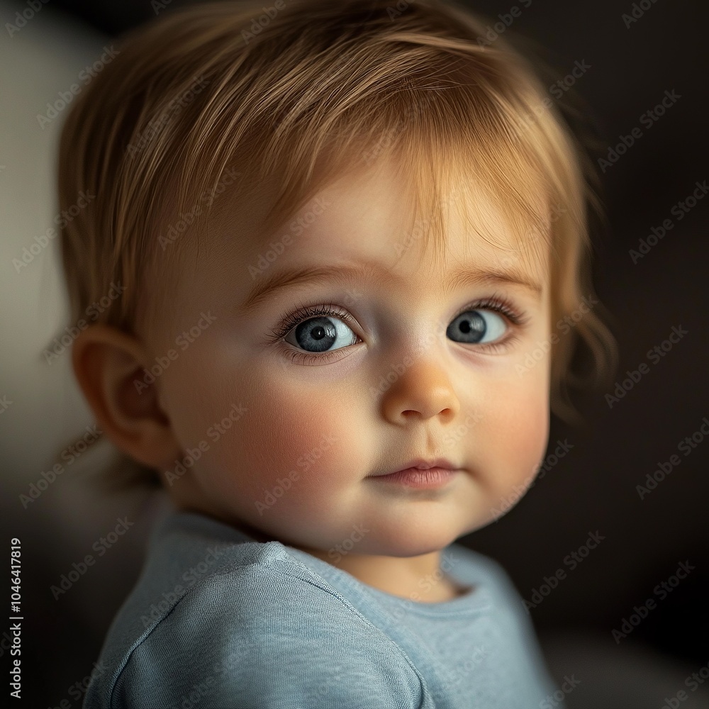 A close-up portrait of a baby with soft lighting and a blurred backdrop of a nursery. A close-up portrait of a baby with soft lighting and a blurred backdrop of a nursery.