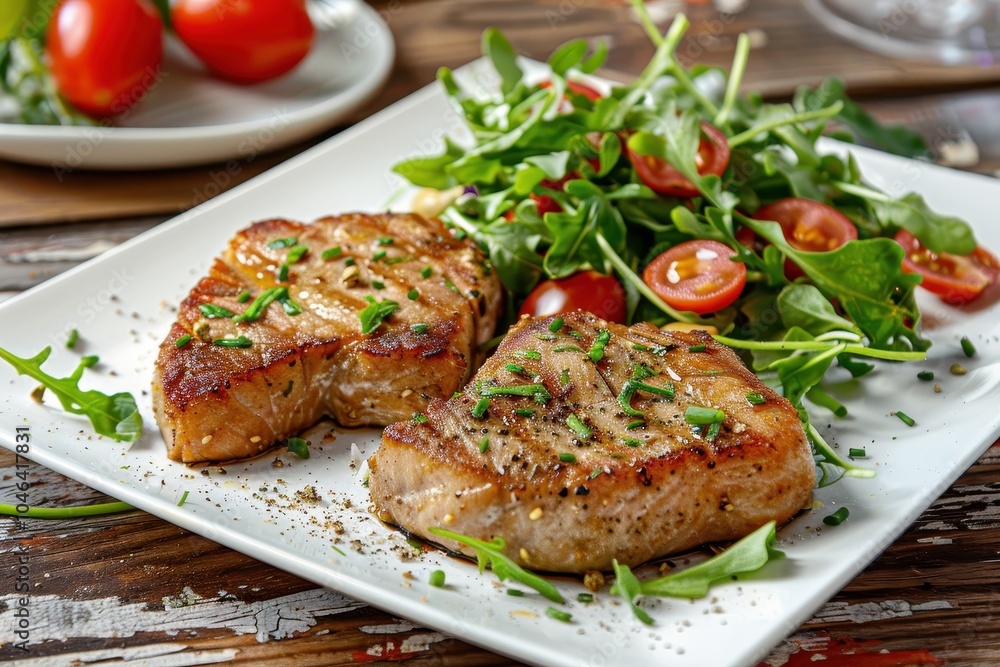 Close up photo of two fried tuna steaks on white plate with seasoning green salad tomato on wooden table Close up photo of two fried tuna steaks on white plate with seasoning green salad tomato on wooden table