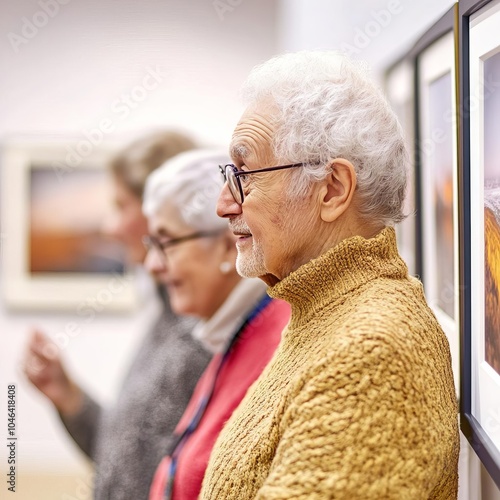 Elderly friends attending a photography exhibition, admiring framed photos