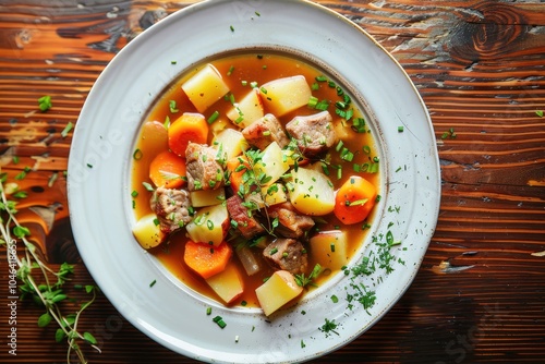 Close up top view of Kottsoppa soup with meat and root vegetables on table plate photo