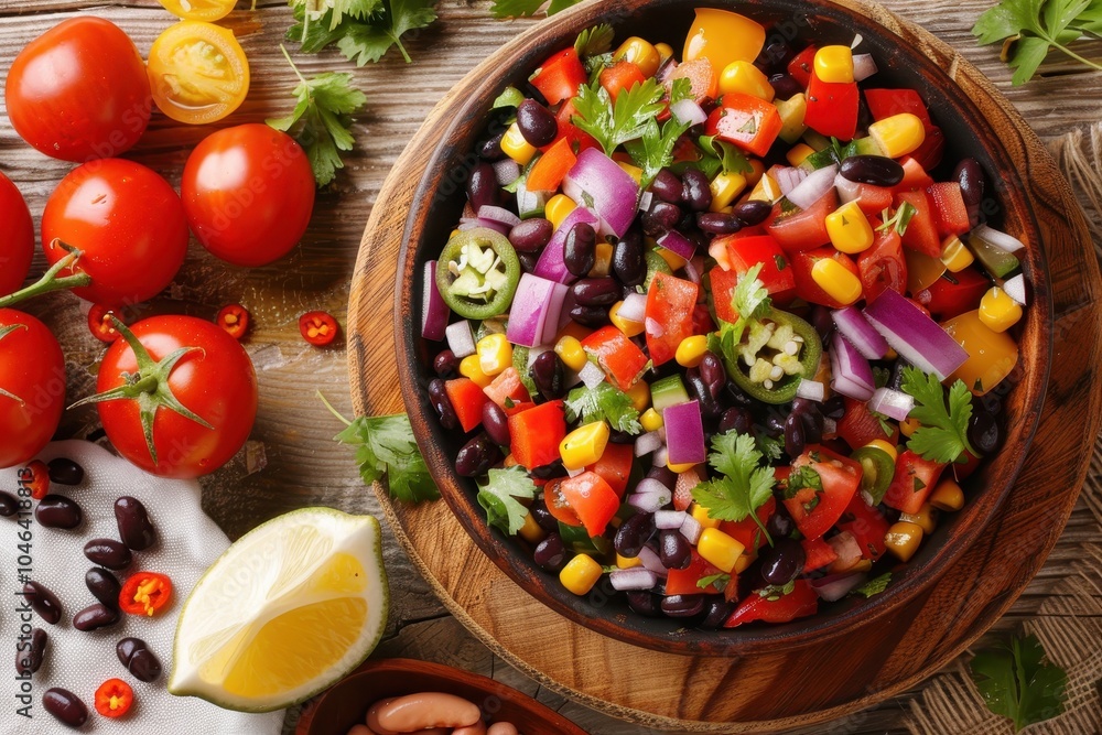 Close up top view of wooden bowl with Mexican vegetable salad and black beans ingredients table side Close up top view of wooden bowl with Mexican vegetable salad and black beans ingredients table side