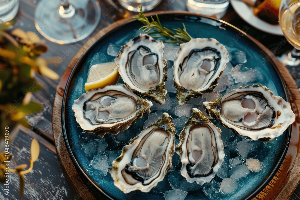 Close up view of fresh oysters on a blue plate with lemon and ice served in a restaurant for a gourmet dinner with champagne Top view of table Close up view of fresh oysters on a blue plate with lemon and ice served in a restaurant for a gourmet dinner with champagne Top view of table
