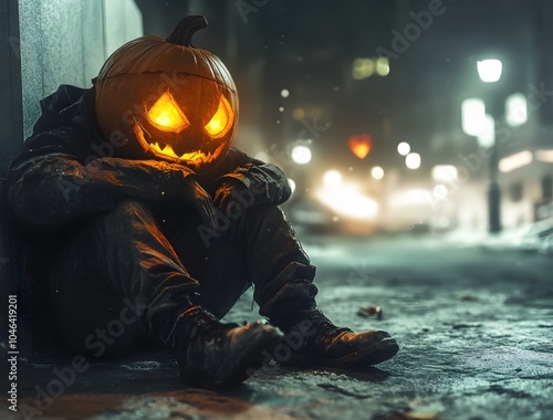 Sad Pumpkin Character in Halloween Night Setting photo