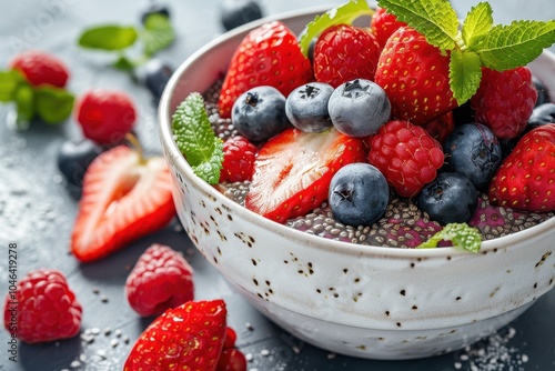 Close up view of white ceramic bowl filled with vegan chia pudding topped with fruits and berries photo