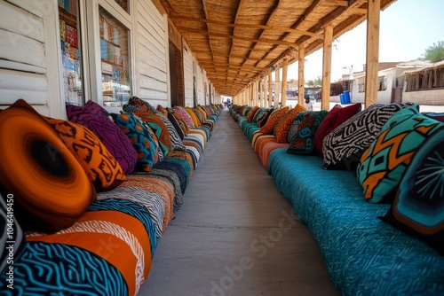A street in Marrakech with vibrant market stalls selling spices, textiles, and handmade goods, capturing the bustling and sensory-rich atmosphere of a Moroccan souk