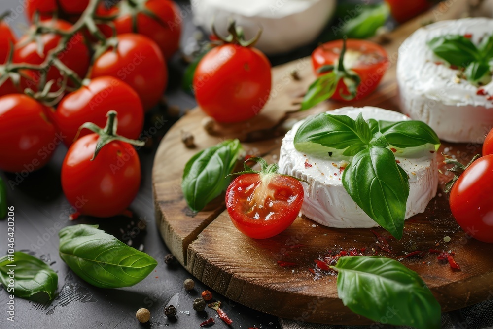 Closeup of tasty goat cheese tomatoes and basil on wooden board Closeup of tasty goat cheese tomatoes and basil on wooden board
