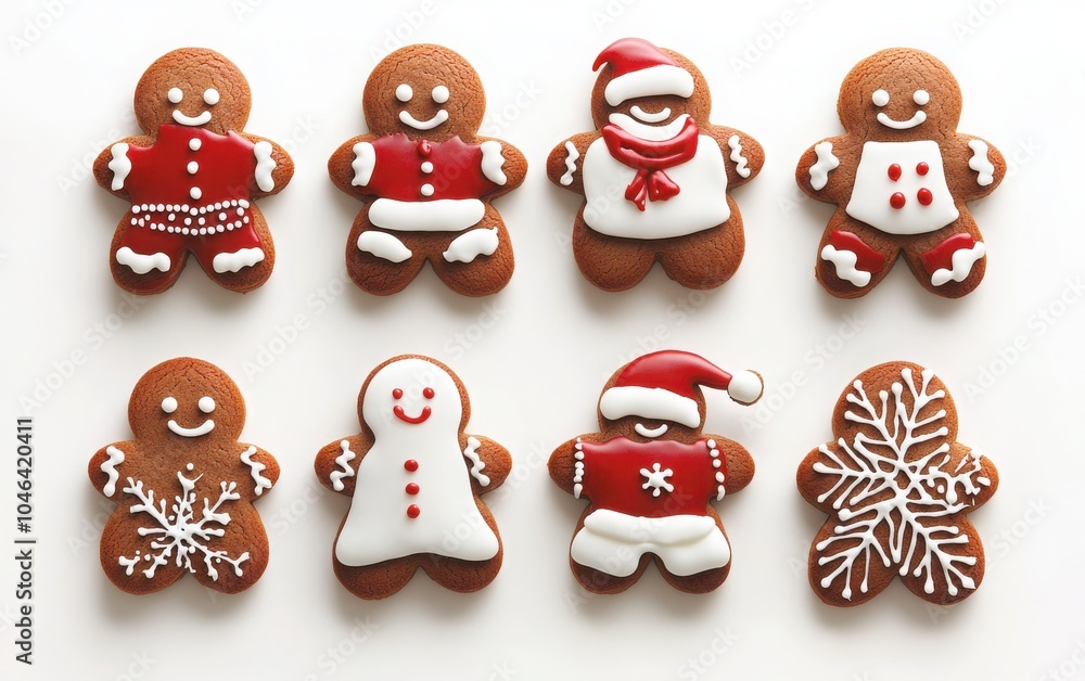 Obraz premium A delightful collection of Christmas-themed gingerbread cookies, featuring snow-covered man-shaped designs and decorated with sugar frosting
