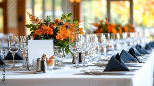A beautifully arranged dining table featuring elegant glassware, black napkins, and vibrant floral centerpieces, perfect for a formal event or celebration.