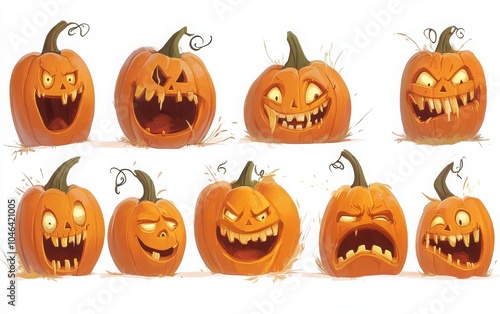 A spooky Halloween collection of Jack O' Lantern pumpkins, each with a scary and cringy smile, carved in various eerie expressions photo