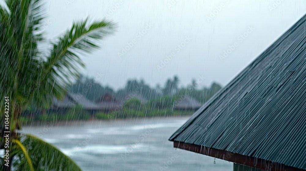 Rainfall on tropical landscape with palm trees and a distant beach. Rainfall on tropical landscape with palm trees and a distant beach.